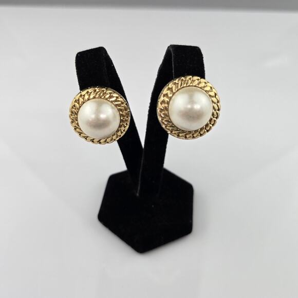 Vintage Henkel & Grossé Gold Clip-On Earrings Faux Pearl 2.3cm - Picture 2 of 4